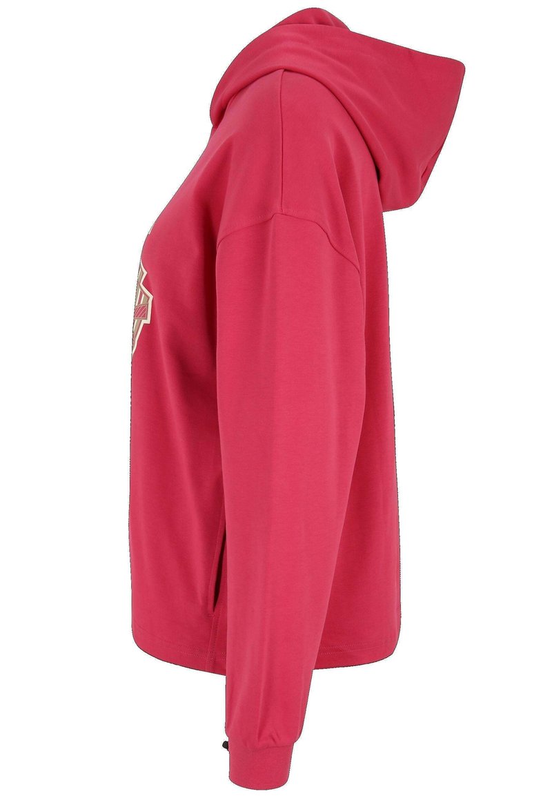 Różowy hoodie z kapturem, długimi rękawami, regulowanym kapturem, bocznymi kieszeniami i prążkowanymi mankietami. Gładka tekstura materiału i luźny krój.