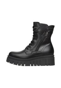 Bottines noires en cuir lisse, dotées d'une semelle épaisse à crans, de lacets à l'avant et d'une fermeture éclair sur le côté pour un enfilage facile.