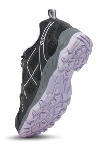Chaussure de trail running noire et grise avec panneaux en mesh et semelle blanche épaisse et à motifs, inclinée pour montrer le détail de la semelle et la languette supérieure.