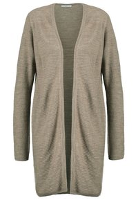 Długi, otwarty kardigan w jasnym odcieniu taupe z teksturowanym splotem. Posiada kontrastujący zielony pasek na środku. Miękki, luźny krój.