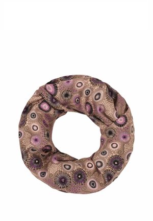 Fabric neck scarf with a beige base and circular floral patterns in black, purple, and pink tones, arranged in a loop shape.