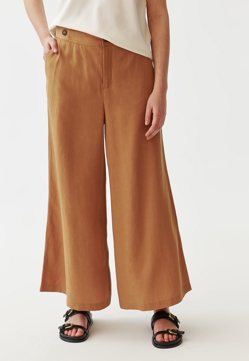 Personne portant un pantalon marron à taille haute et jambes larges, un haut crème rentré à l'intérieur, et des sandales noires avec des boucles dorées, se tenant sur un fond blanc.