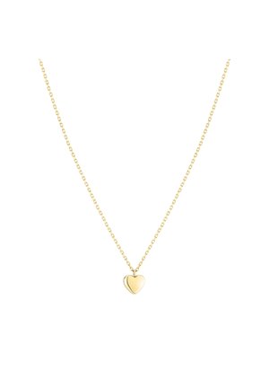 Goldfarbene Halskette mit einer zarten Gliederkette und einem polierten herzförmigen Anhänger in der Mitte. Glatte Textur, minimalistisches Design.