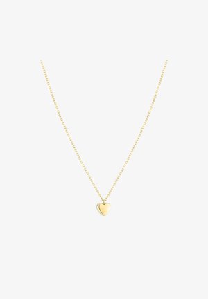Gouden ketting met een delicate schakelarmband en een gepolijst hartvormig hanger in het midden. Gladde textuur, minimalistisch ontwerp.
