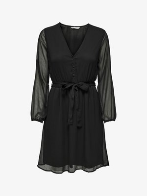Vestido negro con mangas largas transparentes, escote en V, cierre de botones en la parte delantera y cinturón de lazo desmontable en la cintura. Tejido texturizado, diseño fluido.
