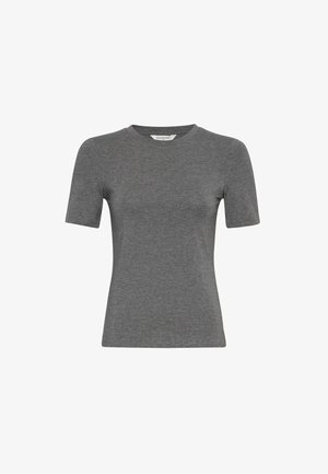 Dopasowany damski t-shirt z krótkim rękawem i okrągłym dekoltem, wykonany z jednolitej szarej tkaniny, prezentowany na białym tle.