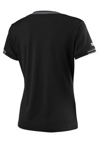 Czarna koszulka polo z krótkim rękawem, z prążkowanym kołnierzykiem i paskami na rękawach. Wykonana z gładkiego, lekkiego materiału.