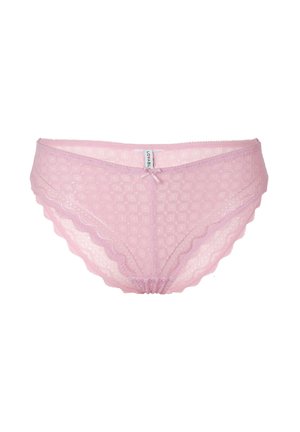 Slip da donna in pizzo rosa chiaro con piccoli dettagli a fiocco e bordi scallopati, etichettato "Lovable" al centro della vita.