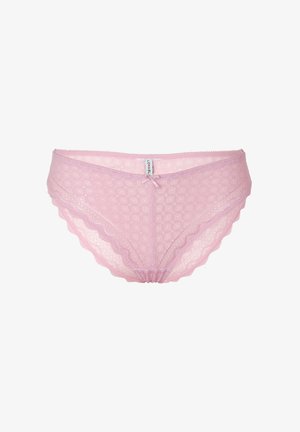 Slip da donna in pizzo rosa chiaro con piccoli dettagli a fiocco e bordi scallopati, etichettato "Lovable" al centro della vita.