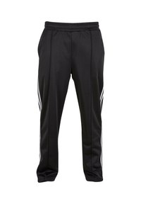 Black athletic pants made of smooth fabric, featuring an elastic waistband and three white stripes running down each side.