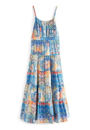 Vestido maxi sin mangas con tirantes finos, con un patrón patchwork colorido en tonos azules, naranjas, verdes y beige.
