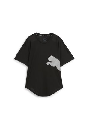 Black short-sleeve t-shirt with a smooth texture and a contrasting white graphic of a leaping cat on the front. Round neckline.