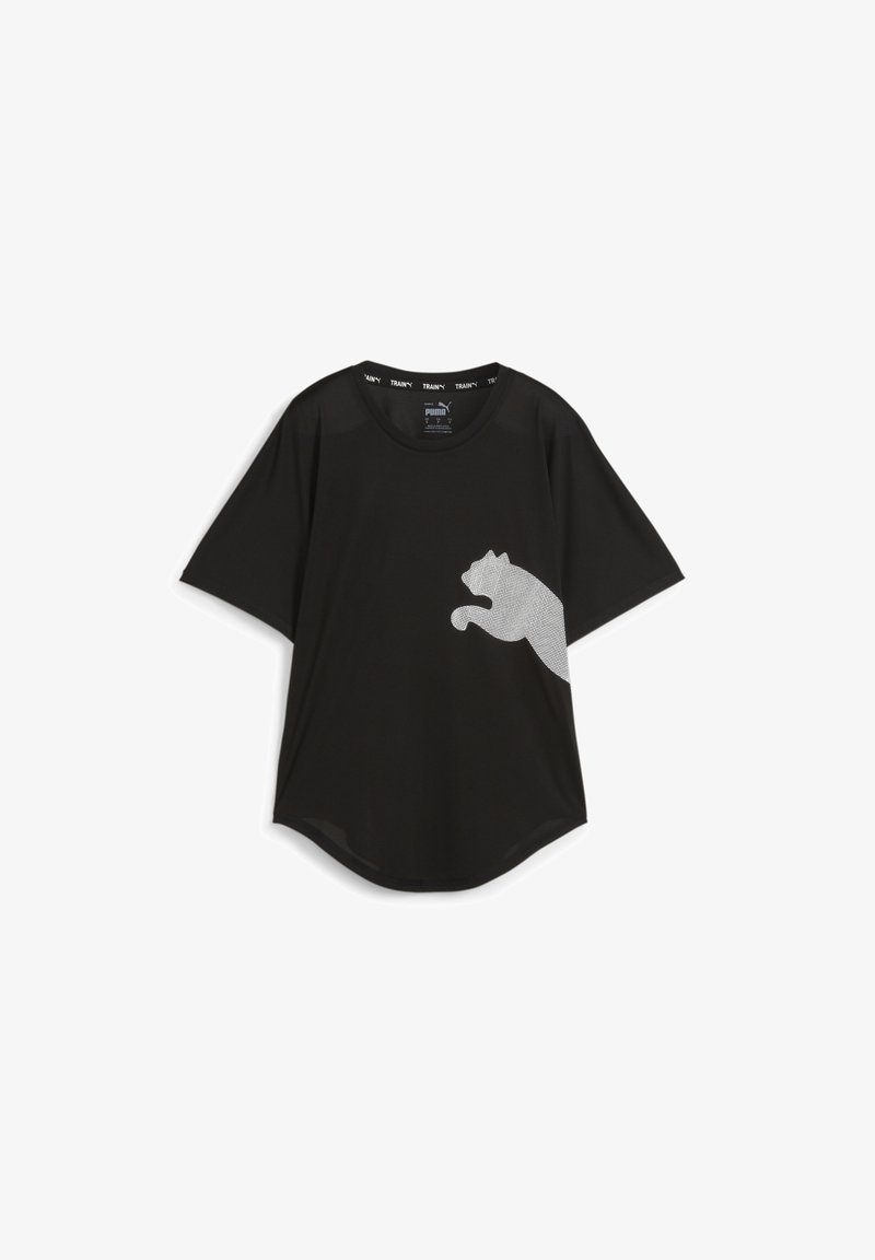 Camiseta negra de manga corta con una textura suave y un gráfico en blanco contrastante de un gato saltando en la parte frontal. Cuello redondo.