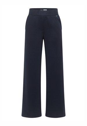 Pantalon bleu marine à jambes larges confectionné dans un tissu doux, doté d'une taille élastique et de poches latérales pour un port pratique.