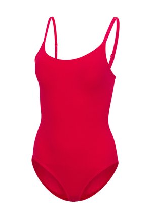 Costume intero rosso con spalline sottili regolabili e scollo a U su sfondo bianco.