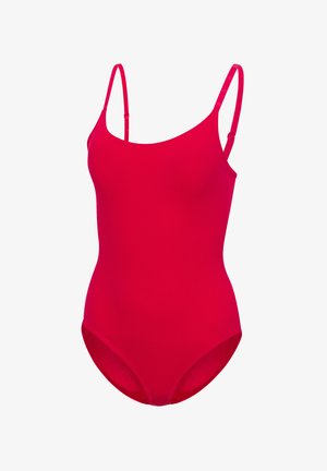 Punainen yhden palan uimapuku, jossa säädettävät ohuet olkaimet ja pyöreä pääntie, valkoisella taustalla.