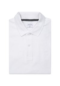 Polo shirt bianco in cotone con vestibilità slim, caratterizzato da un colletto classico e tre bottoni, una sottile texture e un piccolo logo ricamato sul lato sinistro del petto.
