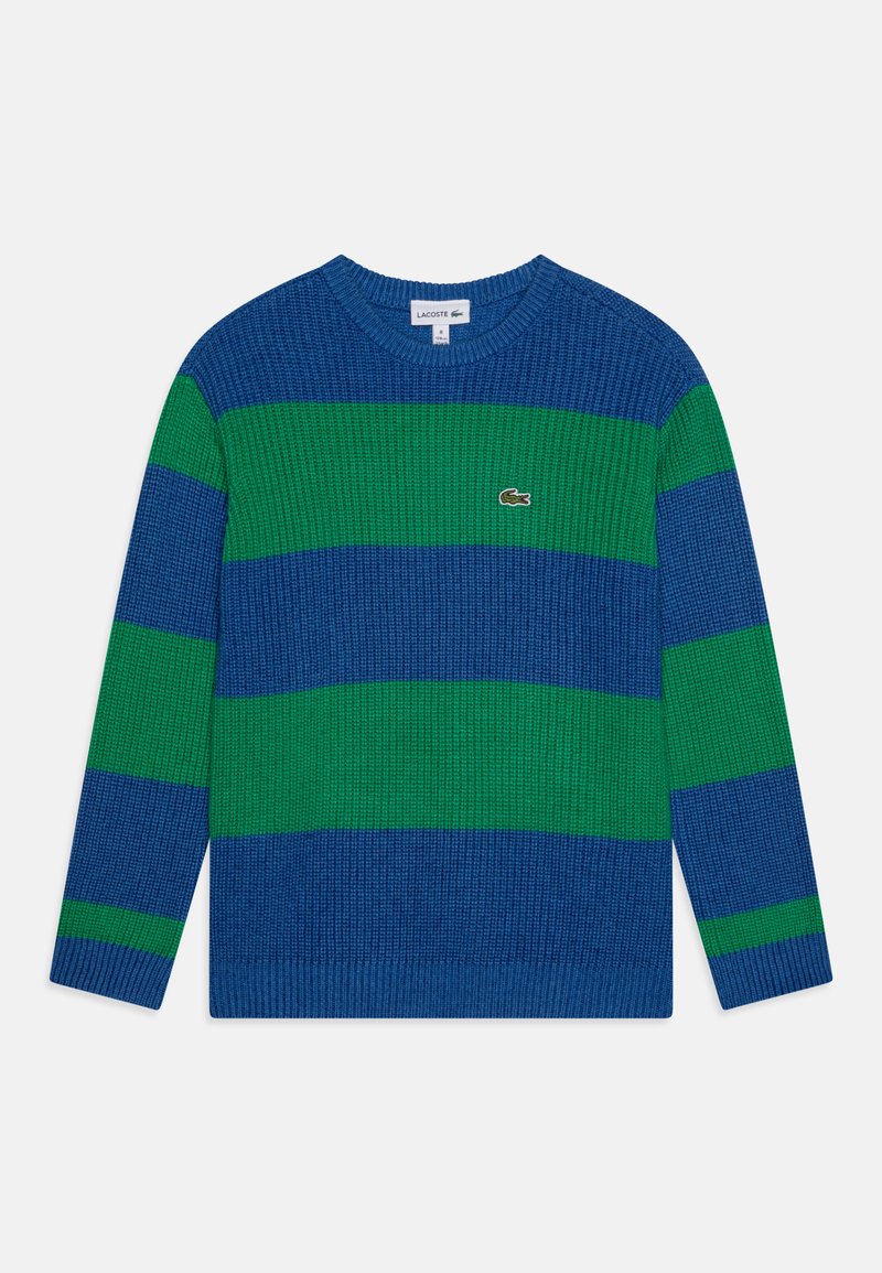 Niebieskozielona sweter w poziome paski o strukturalnej powierzchni i okrągłym dekolcie. Zawiera małe zielone logo Lacoste na klatce piersiowej.