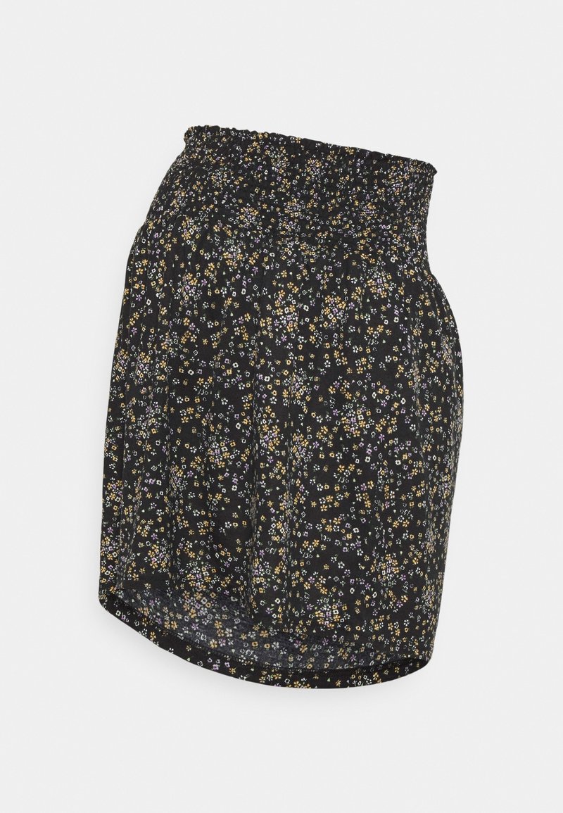 Jupe noire taille haute avec ceinture élastique, ornée d'un petit imprimé floral jaune, blanc et violet, avec une coupe ample et légèrement évasée.