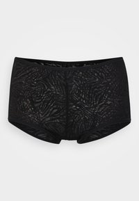 Calças boyshorts pretas em renda com uma textura padrão intrincada, uma cintura baixa e um confortável cós elástico.