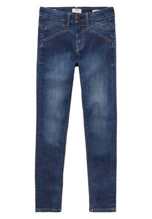 Jean slim en denim bleu avec fermeture à boutons, poches avant et arrière, et effets délavés sur les cuisses et les genoux.
