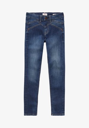 Niebieskie slim fit jeansy z denimu z zapięciem na guziki, przednimi i tylnymi kieszeniami oraz wypłukanymi detalami na udach i kolanach.