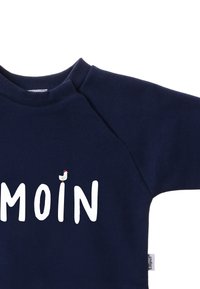 Navy blue sweatshirt with a crew neck, featuring white lettering "MOIN" and a small, colorful bird graphic above the text.