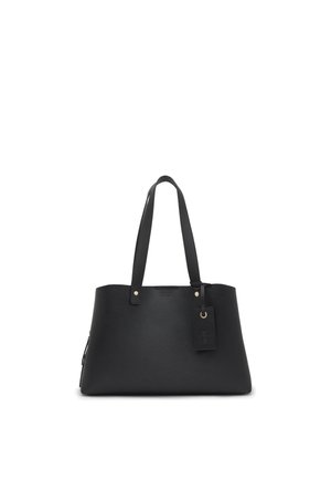 Borsa tote in pelle nera con doppi manici a spalla e una piccola targhetta pendente, mostrata su uno sfondo bianco semplice.