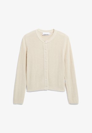 Beige geribde cardigan met lange mouwen, een ronde halslijn en zeven knopen aan de voorkant. Zachte textuur en cropped ontwerp.