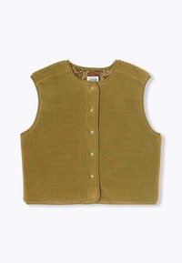 Gilet en polaire vert avec un col rond et un design sans manches. Dispose d'une fermeture à boutons à l'avant et d'une surface texturée. Doublure intérieure à motifs.