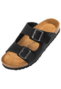 Infradito nere con due fibbie regolabili, plantare in sughero, suola in gomma antiscivolo e una morbida trama in suede sulla parte superiore.