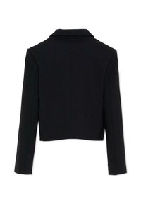 Veste noire courte avec col cranté, manches longues et texture lisse. Lignes épurées et design minimaliste. Fermetures invisibles.