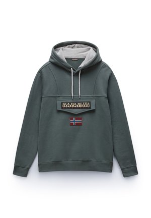 Green sweatshirt with a hood, featuring a gray lining, front patch pocket, and embroidered Norwegian flag. Includes a logo detail.