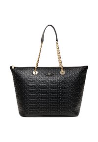 Borsa tote nera con motivo a rilievo del logo, catena dorata e manici in pelle, forma rettangolare, superficie testurizzata e chiusura con zip.