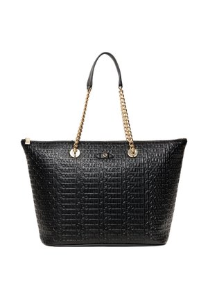 Borsa tote nera con motivo a rilievo del logo, catena dorata e manici in pelle, forma rettangolare, superficie testurizzata e chiusura con zip.