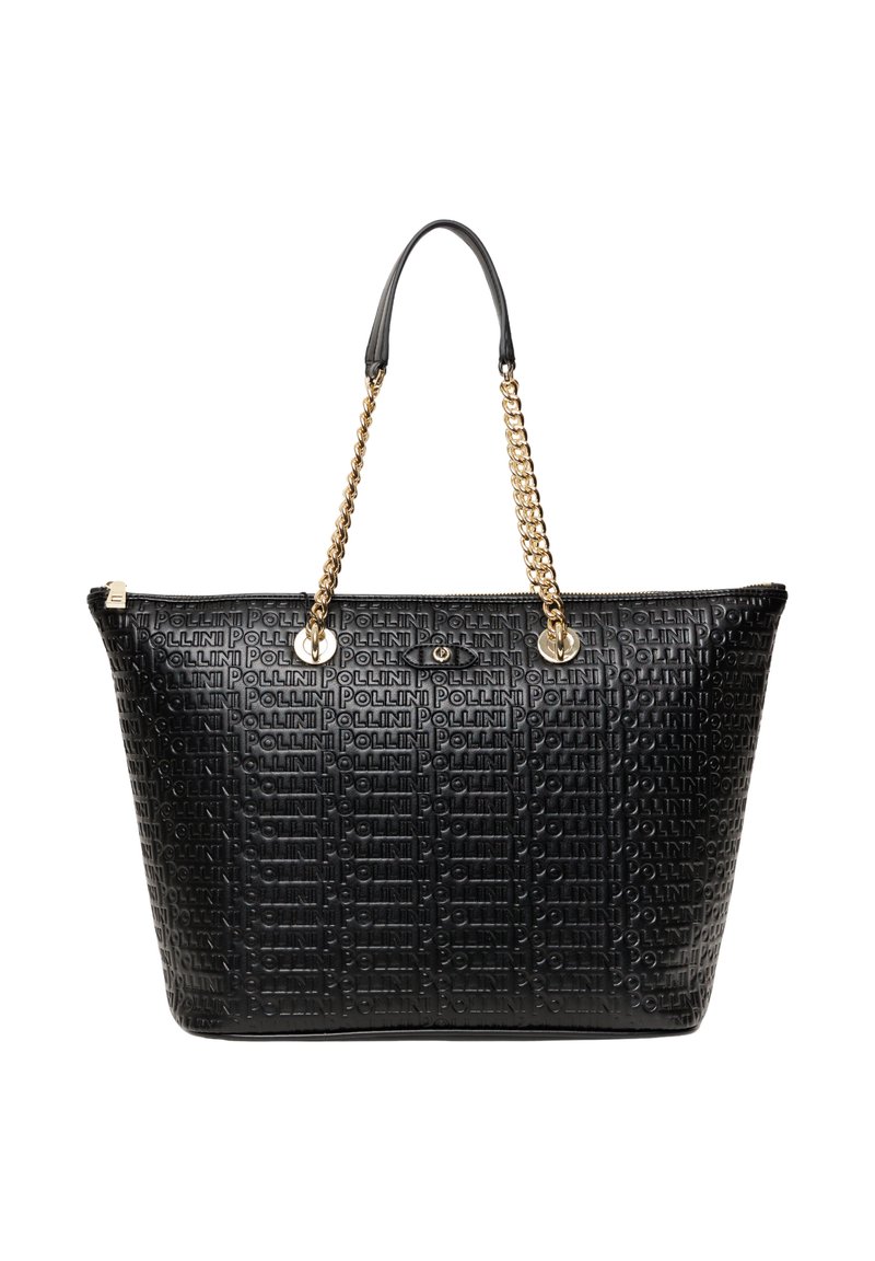 Borsa tote nera con motivo a rilievo del logo, catena dorata e manici in pelle, forma rettangolare, superficie testurizzata e chiusura con zip.