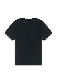 Camiseta negra de manga corta con cuello redondo, hecha de una tela suave. Diseño liso, sin logotipos ni patrones visibles. Se muestra la vista posterior.