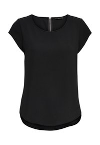 Černý krátký rukáv top s kulatým výstřihem, který má zip na zádech, hladkou texturu a mírně zakřivený spodní lem.