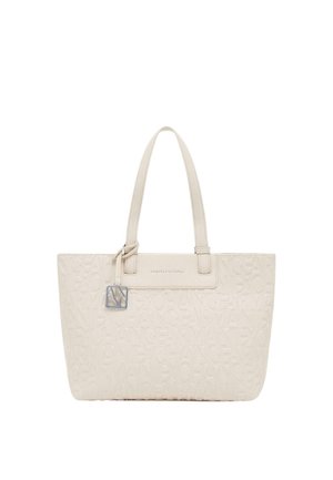 Sac cabas couleur crème Armani Exchange avec motif en relief du nom de la marque et doubles poignées, avec un petit charm en métal avec logo.