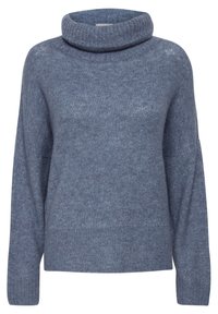 Blau-grauer, gerippter Strickpullover mit Rollkragen, langen Ärmeln und lockerer Passform.