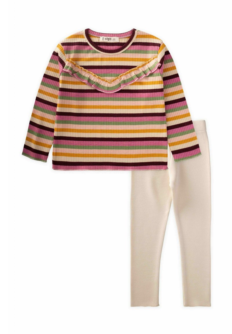 Gestreiftes, geripptes Langarmoberteil in Pink, Gelb und Grün mit Rüschendetail am Ausschnitt, kombiniert mit cremefarbenen Leggings.