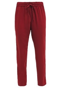 Red, elastic waist pants with a drawstring, featuring a smooth texture and a tapered fit, suitable for casual wear or lounging.