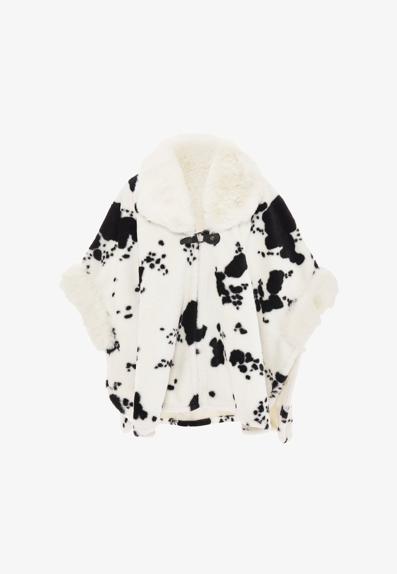 Sort og hvid plettet faux fur omslag med en stor krave, toggle-lukning og kortærmer; har en blød, struktureret overflade.