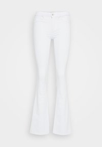 Hvite flared jeans laget av denim, med fem lommer, frontlukk knapp og en jevn tekstur. Rent, minimalistisk design.