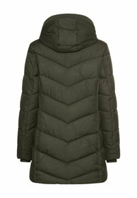 Donkergroene pufferjas met een chevron-quiltontwerp, capuchon en lange mouwen. Heeft elastische manchetten en een middellange snit voor warmte.