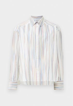 Striped button-up shirt with a white base, featuring narrow multi-colored lines in blue, orange, and green. Long sleeves and a classic collar.