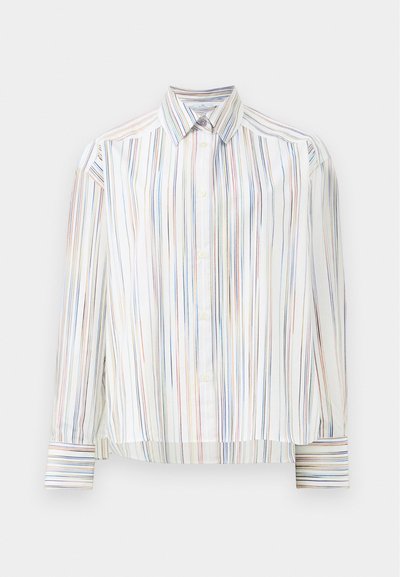 Ραβδοειδής πουκάμισο με λευκή βάση, που διαθέτει στενές πολύχρωμες ρίγες σε μπλε, πορτοκαλί και πράσινο. Μακριά μανίκια και κλασικό γιακά.