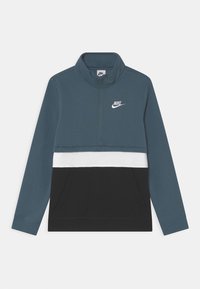 Nike zip-up sweatshirt in dark teal, featuring a white and black horizontal stripe, kangaroo pocket, and embroidered logo on the chest.