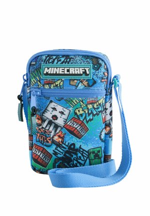 Lille blå Minecraft-tema crossbody taske med figurer, TNT-blokke og zigzag-grafik, med en lynlåslomme foran og justerbar rem.