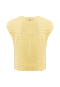 Gelber gestrickter ärmelloser Pullover mit gemustertem Lochstrickdesign und geripptem Saum, Ansicht von hinten.